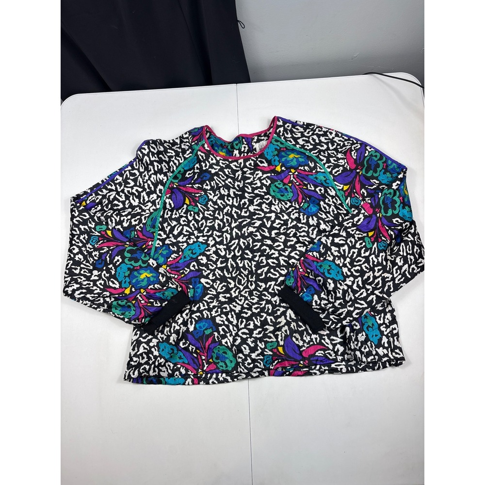 Vintage 80s Animal Floral Print Blouse Black Multi Womens M Bold Top